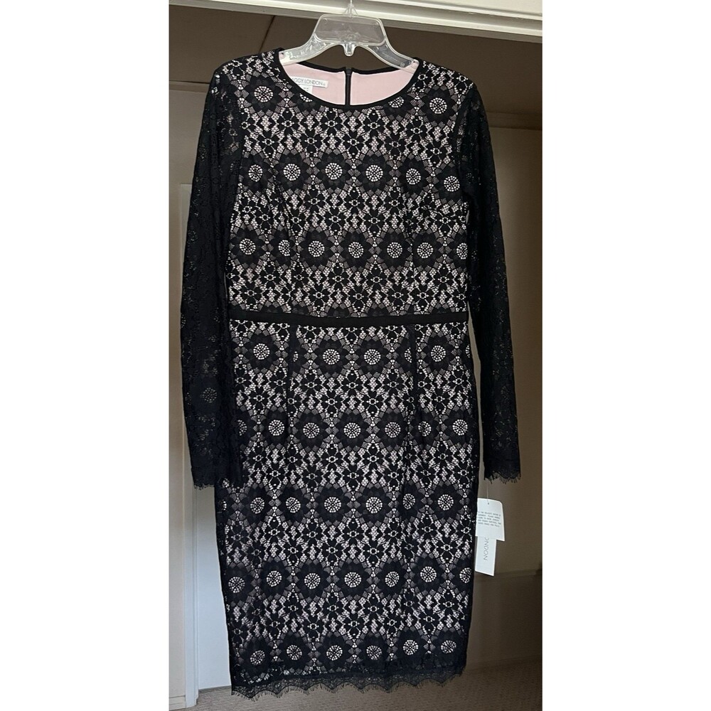 Maggy London Sheath Dress Size 10 Nude Black Lace Overlay Star Flower NWT